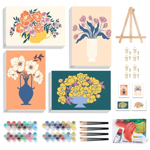 4 Pack Paint by Numbers Kit for Adults with Frame, Flowers & Floral Vase - color: OP4FUS2510-03