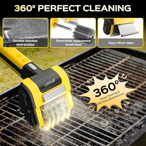 Electric Grill Brush, Grill Cleaner with LED Light, with 800 RPM Motor, Heavy Duty Grill Cleaning Tool, Personalized Grill Gift s for Dad (Yellow) - color: Yellow