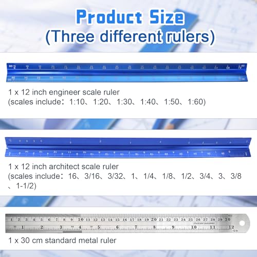 Biaungdo 3 Pack Architect Engineer Scale Ruler 12 Inch Blue for Drafting
