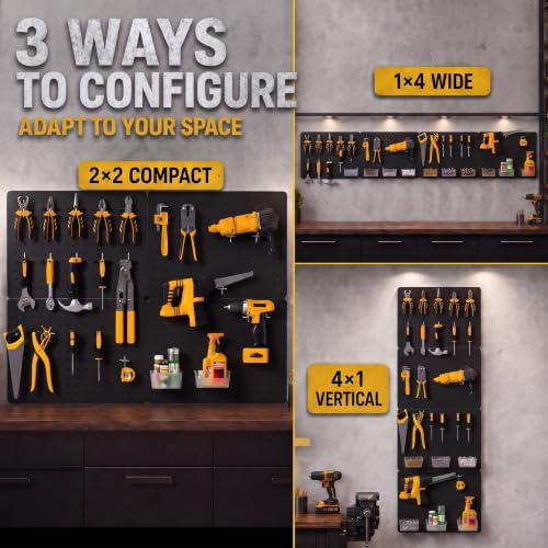 Pegboard Organizer Kit, 4 Pack 12 x 16 in Metal Panels with 6 Bins, Black - color: Black, size: 16"x12"- 4 Pcs