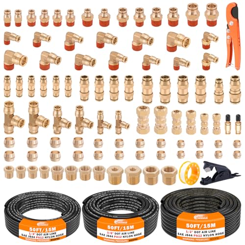 CheeMuii 100PCS Brass DOT Air Line Fittings with 3 Roll 50FT DOT Air Lines - size: 50FT-3ROLL-100PCS