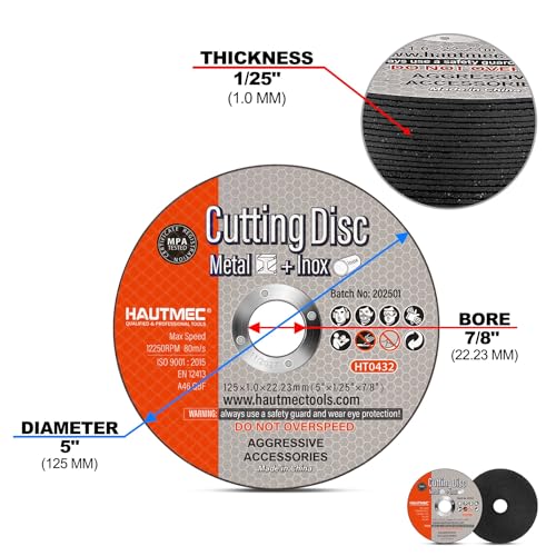 HAUTMEC 20 Pack Cut Off Wheels 5" x .04" x 7/8", Metal Cutting Discs for Angle Grinder, Ultra-Thin Aluminum Oxide Abrasive Cut-Off Wheel for Steel, Stainless Steel & Metal, MPA Certified (HT0432) - size: 5" x .04" x 7/8" (20 pcs)