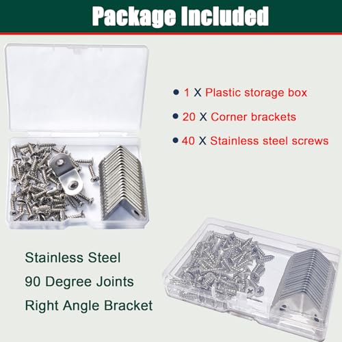 20pcs L Bracket Corner Brace 30mmx30mm Stainless Steel 90 Degree Joints Right Angle Bracket Metal Fastener for Wood, Cabinet, with Screws - size: 30*30mm/ 1.2in