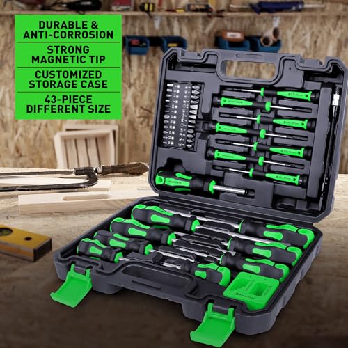 Magnetic Screwdrivers Set with Case, Amartisan 43-piece Includs Slotted, Phillips, Hex, Pozidriv,Torx and Precision Screwdriver Set, Magnetizer Demagnetizer Tools, Tools for Men (Green)) - style: 43-piece Screwdrivers Set (Green)
