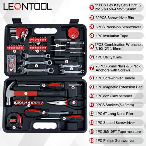 146 PCS Home Tool Kit with Hammer, Pliers, Wrenches, Measure Tape, Screwdrivers, Sockets, Small Household Hand Tool Kit with Plastic Toolbox for Home, Garage, Office and College Dormitory Use