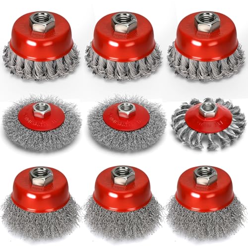 9Pcs Wire Wheel for Angle Grinder, 4 & 3In Knotted/Crimped