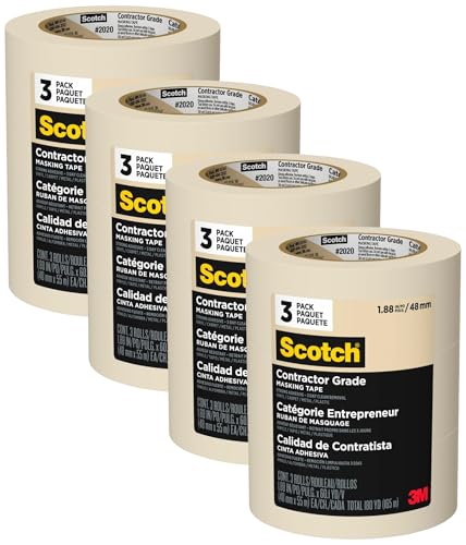 Scotch Painter's Tape Contractor Grade Masking, 3 Rolls, 1.88 in x 60.1yd, Holds to Surfaces for Upto 3 Days, Removes Easily Without Leaving Sticky Residue, Interior & Exterior(2020-48EP3)(Pack of 4) - size: 1.88" Width (Pack of 4)
