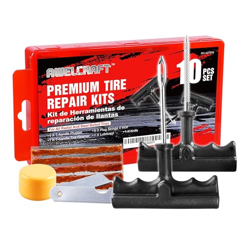 AWELCRAFT 10-Piece Economical Tire Repair Kit – Flat Tire Plug Kit with T-Handle Tools, Storage Case – Fix Punctures Fast, – Ideal for Car, Truck, Motorcycle, ATV