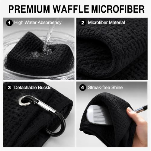 Golf Towel for Men with Club Brush & Divot Tool – 16"x24" Tri-Fold Waffle Microfiber Towel, Retractable Club Groove Cleaner & Divot Repair Tool, Golf Accessory Kit for Male Golfers (Black) - color: Black