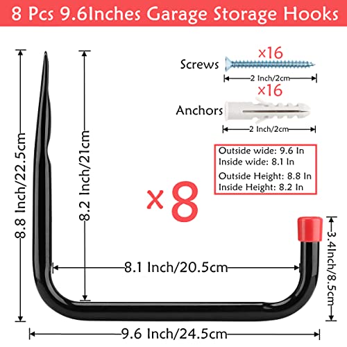 8 Pack Wall Mount Storage Hooks, 9.6IN Garage Utility Hanger for Ladder, Hold Chairs, Garden Tool, Hose, Bike - size: 9.6inch