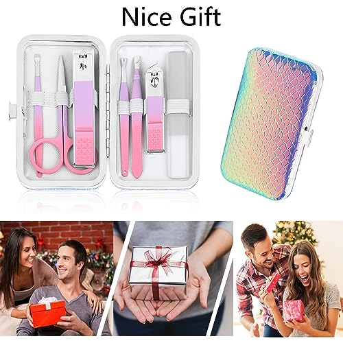 Women's Nail Clipper Set Travel Manicure Kit with Glass Nail File Stainless Steel Nail Clippers Case Nail Grooming Kit Gift - color: Mermaid Color