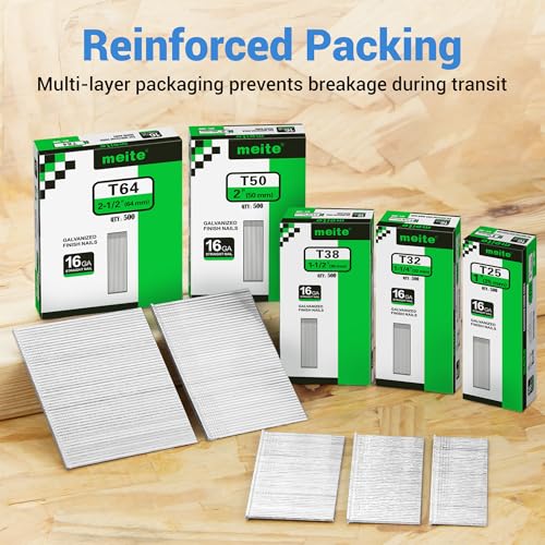 meite 16 Gauge Finish Nails 5 Sizes Galvanized Straight T-Nails 2,500PCS - size: 5 Sizes Finish Nails Set