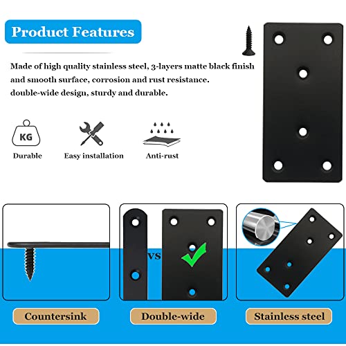 4 Pcs Black Flat Mending Plate Stainless Steel Flat Bracket 4 x 2 inch Metal Straight Brace Repair Joining Fixing Mending Bracket for Wood, with Screws
