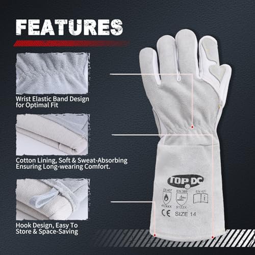 TOPDC Goatskin TIG Welding Gloves 14 Inch Large, Split Cowhide Back - color: 14 Inch Goat Grain-large