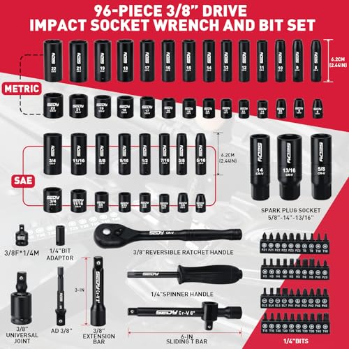 96-Piece 3/8" Drive Impact Socket Wrench and Bit Set, SAE 5/16”-3/4” & Metric 8-22mm, Cr-V Standard & Deep Sockets, Power Bits, Ratchet Handle, Universal Joint, Bit Holder, Adapters, Spark Plug Socket - style: 3/8"Drive (96 PCS）