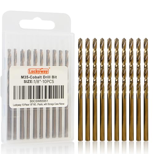 Luckyway 1/8 Inch Cobalt Drill Bits (10 Pack), M35 HSS Metal 1/8" Drill Bit Titanium Coated for Hard Metal, Stainless Steel, Cast Iron, Wood and Plastic, with Storage Case - style: 1/8" (10Pcs) Cobalt Drill Bits