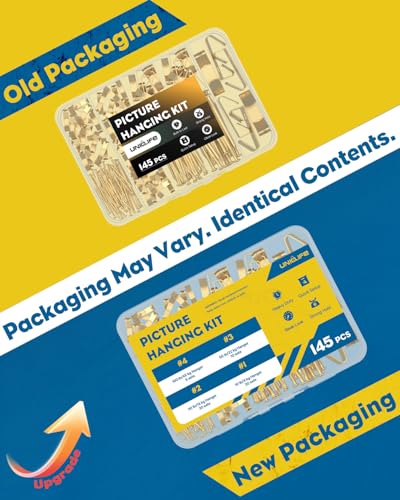 Uniclife 145 Pcs Picture Hanging Kit, 10 lb, 30 lb, 50 lb, 100 lb Heavy Duty Picture Hangers for Drywall & Wood, Picture Hanging Hooks, Frame Hooks for Hanging Photos Mirrors Paintings - size: 145 Pcs, style: Gold