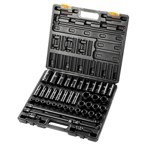 VEVOR Impact Socket Set, 1/2 Inches 43 Piece Impact Sockets, 1/2 Inches Drive Socket Set, High-torque Standard Socket Assortmen with 4 Extension Bars, 6-Point Sockets Metric 9-30mm (Standard/Deep) - size: 1/2" 43 PCS