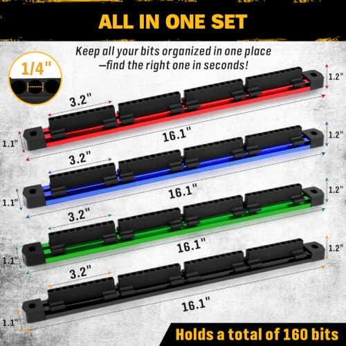 4-Piece Magnetic Slidable Drill Bit Holder, 160 Holes Bit Storage with Strong Magnetic Rail, Screwdriver Drill Bit Organizer for Your Specialty(Bits Not Included) - style: 4 Drill Bit Holder with Magnetic Rail
