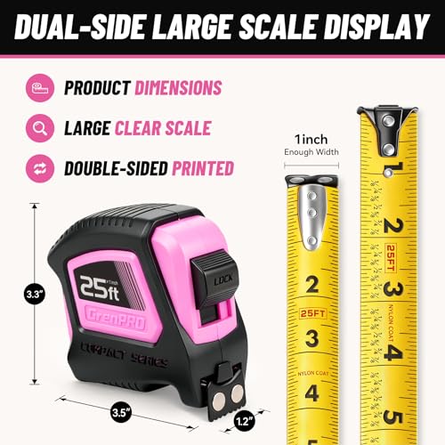 GRENPRO 25FT Magnetic Tape Measure, Double-Sided 1/32", Nylon Coated Blade - color: Pink