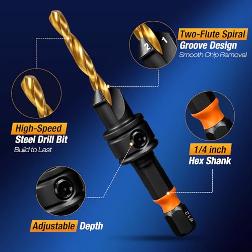 Countersink Drill Bit Set, 11pcs Titanium Coated Adjustable Depth