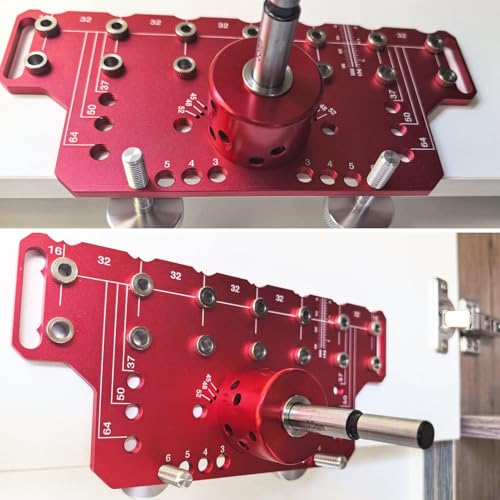 2 in 1 Shelf Pin Hinge Jig,Concealed Hinge Jig Drilling Jig with 35mm Hole Drill Bits,Self Contained Clamping All Metal Cabinet Hardware Tool Drill for Cabinet Door Hinge Hole Positioning (Red-Short) - color: Red-short
