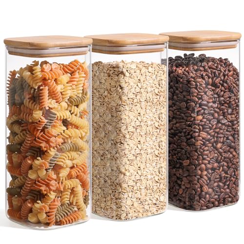 ComSaf Glass Storage Containers with Lids 1.9 Qt, Set of 3 Food Storage Jar | Pantry Storage Containers, Glass Jar, Square Canisters, Bamboo Lid with Silicone Seal, Cookie, Cereal, Coffee, Oats, BPA Free - size: 1.9Qt*3