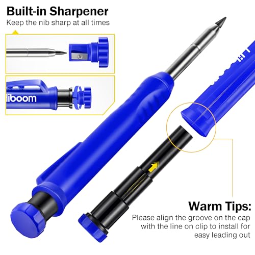 Hiboom 2 Pack Mechanical Deep Hole Carpenter Pencil, 14 Refills - color: Black, Blue