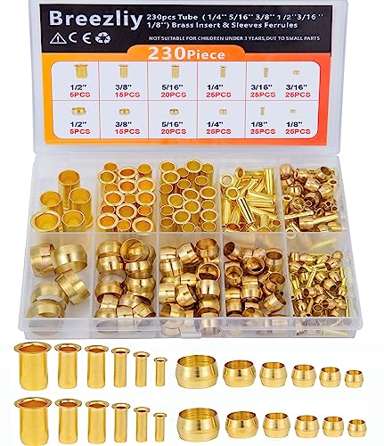 Compression Fittings Assortment kit-6 Sizes(1/8"3/16" 1/4" 5/16" 3/8" 1/2") Brass Compression Sleeves Ferrules & Insert,used to connect lines for air,water,fuel,oil and inert gases - size: 230 pcs, 1/8", 3/16", 1/4", 5/16", 3/8", 1/2"
