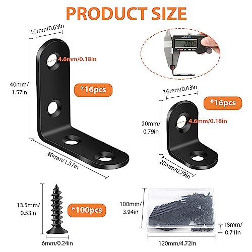 32PCS L Corner Brackets, MAPVOLUT Black Heavy Duty L Brackets for Shelves with 100PCS Screws, Metal Right Angle Shelf Bracket, Metal Corner Brace for Wood Furniture (1.57x1.57in/0.79x0.79in) - size: 2 SIZE Black