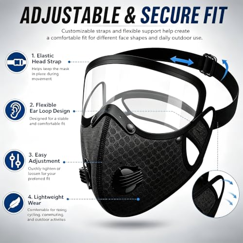 Detachable Protective Goggles Riding Mask,Reusable Carbon Filter Dust Mask with Adjustable Goggles,Windproof, dustproof, and Anti Droplet, All Season Universal Sports mask(Black)