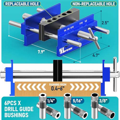 Upgraded 6.7 inch Self Centering Doweling Jig Kit, Drill Jig For Straight Holes Biscuit Joiner Set With 6 Drill Guide Bushings, Adjustable Width Drilling Guide Tool Accessory Jigs (Blue) - size: Large
