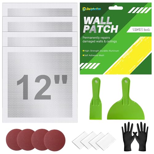 12 x 12 Inch Drywall Repair Kit – 4 Pcs Large Drywall Patch for Wall & Ceiling Holes, Heavy-Duty Aluminum Self-Adhesive Mesh, Includes Plastic Drop Cloths, Scrapers, Sandpaper & Gloves - Quick Fix