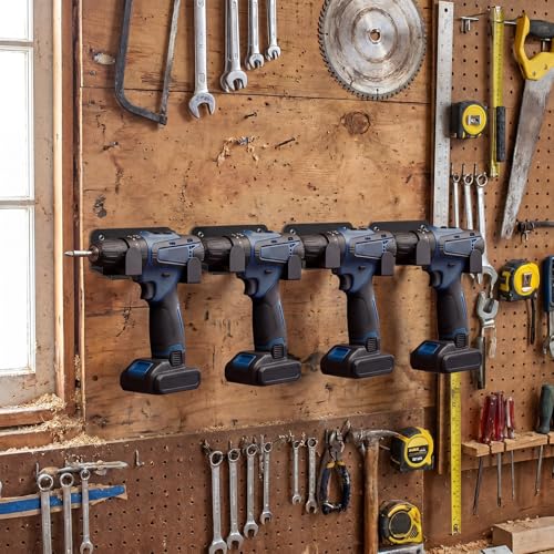 4 Pcs Drill Holder, Heavy Duty Steel Drill Dock Wall Mount, Universal Tool Organizer Rack with Easy Access Space Saving Storage for Garage Workspace Home Storage