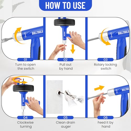BULLTOOLS Drain Snake, 25FT Drain Auger with Drill Adapter, Flexible Snake Drain Hair Removal Tool for Kitchen Sink, Bathtub, and Shower Comes with Gloves and Storage Bag
