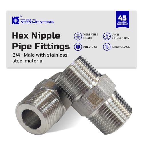 Cosmostar 2 PCS 3/4" Male Hex Nipple Pipe Fittings, 304 Stainless Steel NPT Threaded Pipe Connector, Durable Pipe Adapter for Plumbing & Industrial Use - size: 3/4" NPT-2pcs
