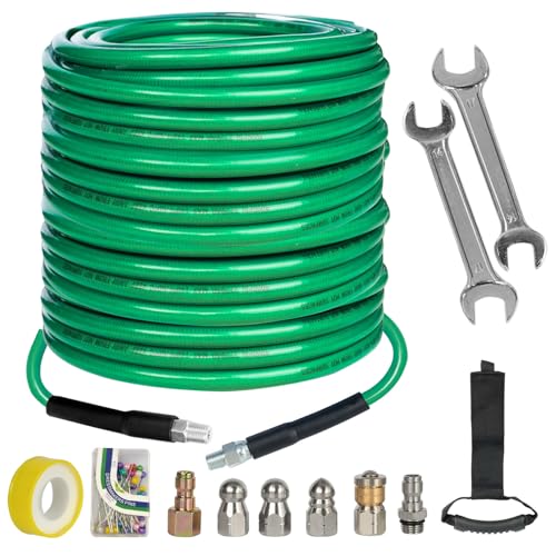 Hourleey Sewer Jetter Kit for Pressure Washer 150FT, 4000 PSI Drain Cleaner Hose 1/4 Inch NPT, Corner Rotating and Button Hose Sewer Jetting Nozzle Pearl Corsage Pin Tape Handle Strap Spanner, Green - size: Green-150 FT