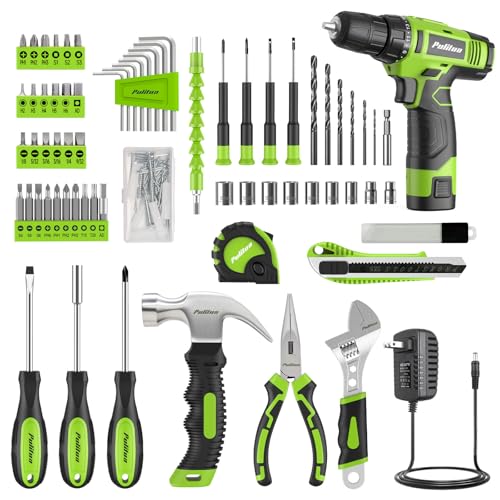 PULITUO Drill Set, 149-Piece Home Tool Set with Green 12V Cordless Drill, Tool Box, Hand Tool Kits for Women & Men and DIY Enthusiasts, for Home Improvement - style: 12V Set（Green）