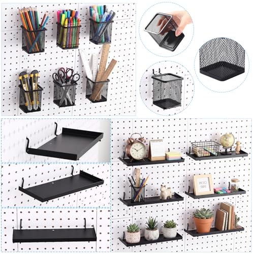 12 Pack Pegboard Organizer Accessories - 6 Pegboard Pencil Cups Holder Peg Board - 6 Shelves Metal Shelf Brackets - Tools Storage Arrange System Kit for Office Garage Room
