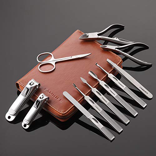 FAMILIFE Stainless Steel Manicure Set 11-in-1 Professional Nail Clipper Kit | Portable Leather Travel Case, Pedicure & Grooming Tools for Fingernails & Toenails, Luxury Gifts Set for Men & Women, Brown - color: Brown