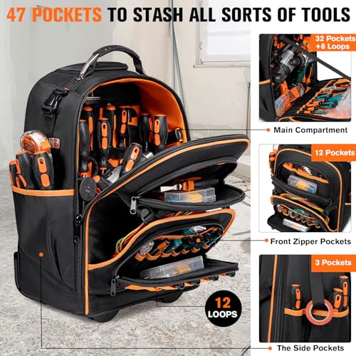 AUROPEAK Rolling Tool Backpack, 47 Pocket Heavy Duty Tool Bag with Wheels - size: 1.57" Wheel