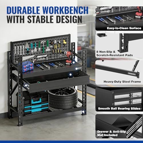 WORKPRO 50" Heavy Duty Workbench with Pegboard & Drawer - size: 50 inch