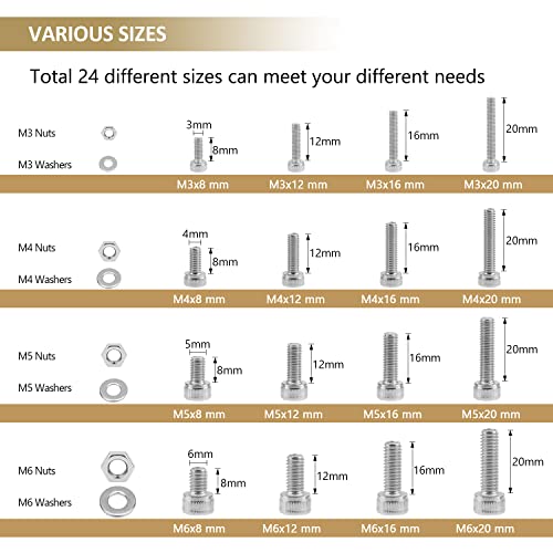 814 Pieces Socket Head Cap Screws Nuts Washers Kit, Kindroufly M3 M4 M5 M6 Screw Assortment Kit, Metric Screw Set, Bolts and Nuts, Machine Screws, 304 Stainless Steel, Fully Machine Thread - size: M3/M4/M5/M6, style: Socket Head