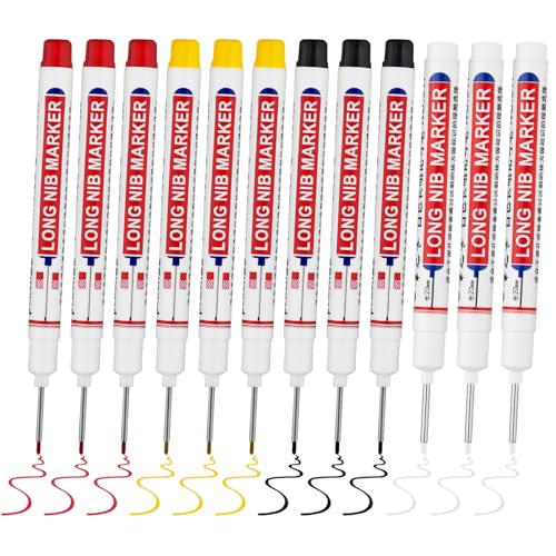 12 PCS Long Head Deep Hole Marker Pens,20mm Long Nib Marker,Longs Nose Markers,Waterproof Construction Markers Marking Tool,Permanent Markers Carpenter Ink marker Pens,Metal marking Pen,4 - color: 12PCS-20MM-Red/Yellow/Black/White