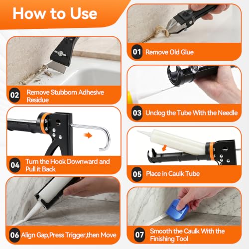 Caulk Gun Kit, Smooth Silicone Caulking Gun and Caulk Remover Tool, Sealant Finishing Tool Grout Scraper for Kitchen Bathroom Window Sink Joint, All in One with Gift Box - color: Black