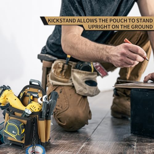 MELOTOUGH Small Electrician Tool Pouch With Belt Clip Attachment - 9 Pockets Tradesman Bag With Tape Thong - Holster for Electricians - color: Khaki Electrician Tool Pouch
