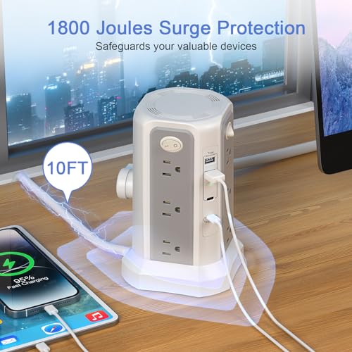 Surge Protector Power Strip Tower (13A 1625W) 10FT with PD20W USB C Port - style: White Gray-13A-2A2C