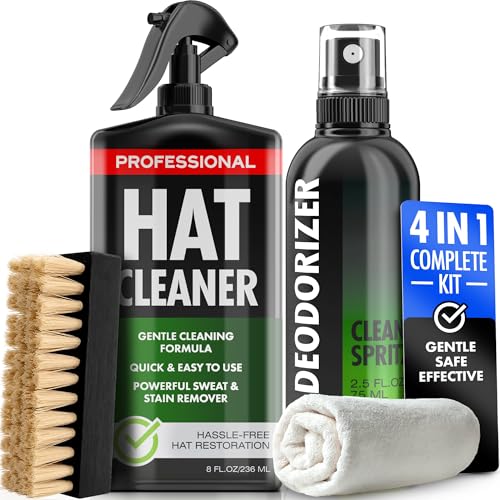 4-in-1 Professional Hat Cleaning Kit - Removes Dirt and Stains, Gentle Hat Cleaner for Baseball Caps, Fitted Cowboy, & Felt Hats, Complete Hat Cleaner with Hat Deodorizer, Brush & Microfiber Cloth