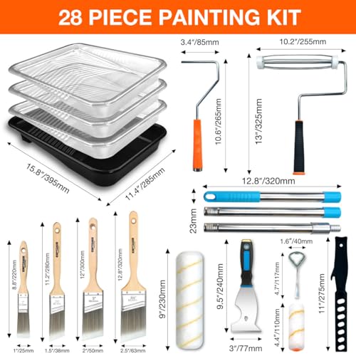 28 Pcs Paint Tray Set, 9" & 4" Paint Roller with Extension Pole - color: 28 Pack, 9" Paint Trays