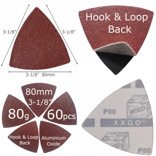 XXGO 60 Pcs 80 Grits 3-1/8" 80mm Triangle Oscillating Tool Sandpaper - size: 3-1/8 Inch Triangle - 80 Grit - 60 Pcs